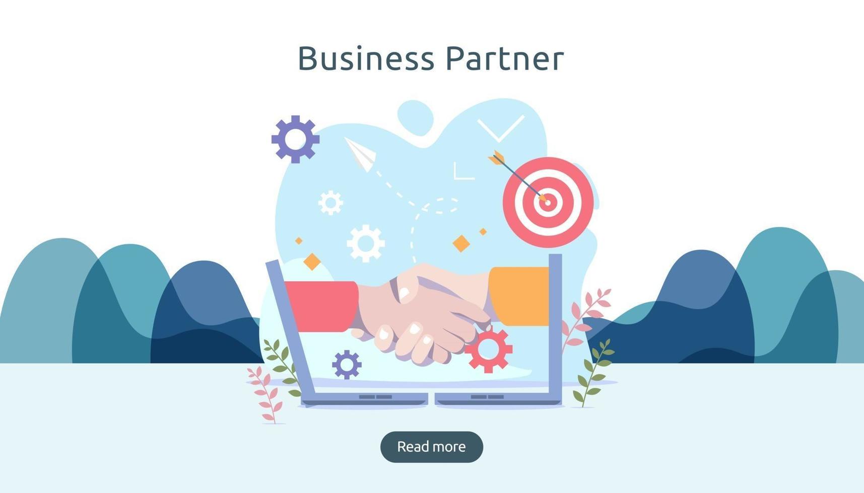 concetto di relazione di partnership commerciale con stretta di mano e carattere di persone minuscole. team che lavora insieme modello per landing page web, banner, presentazione, mockup, social media. illustrazione vettoriale