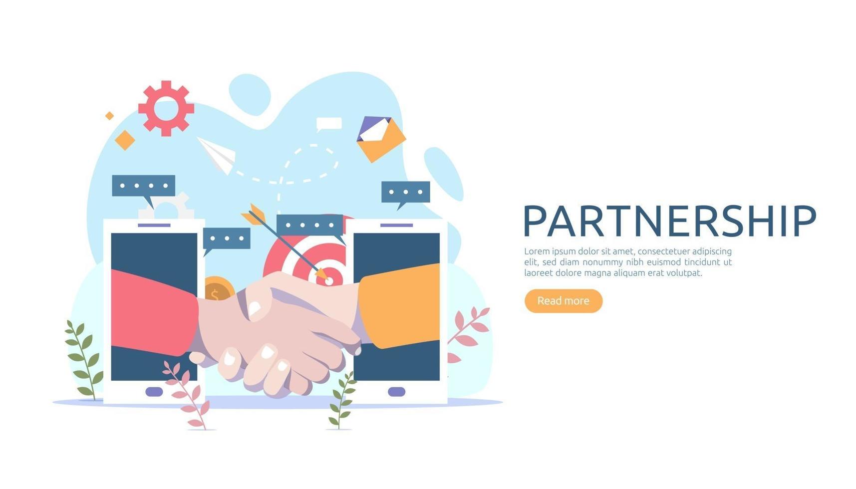 concetto di relazione di partnership commerciale con stretta di mano e carattere di persone minuscole. team che lavora insieme modello per landing page web, banner, presentazione, mockup, social media. illustrazione vettoriale