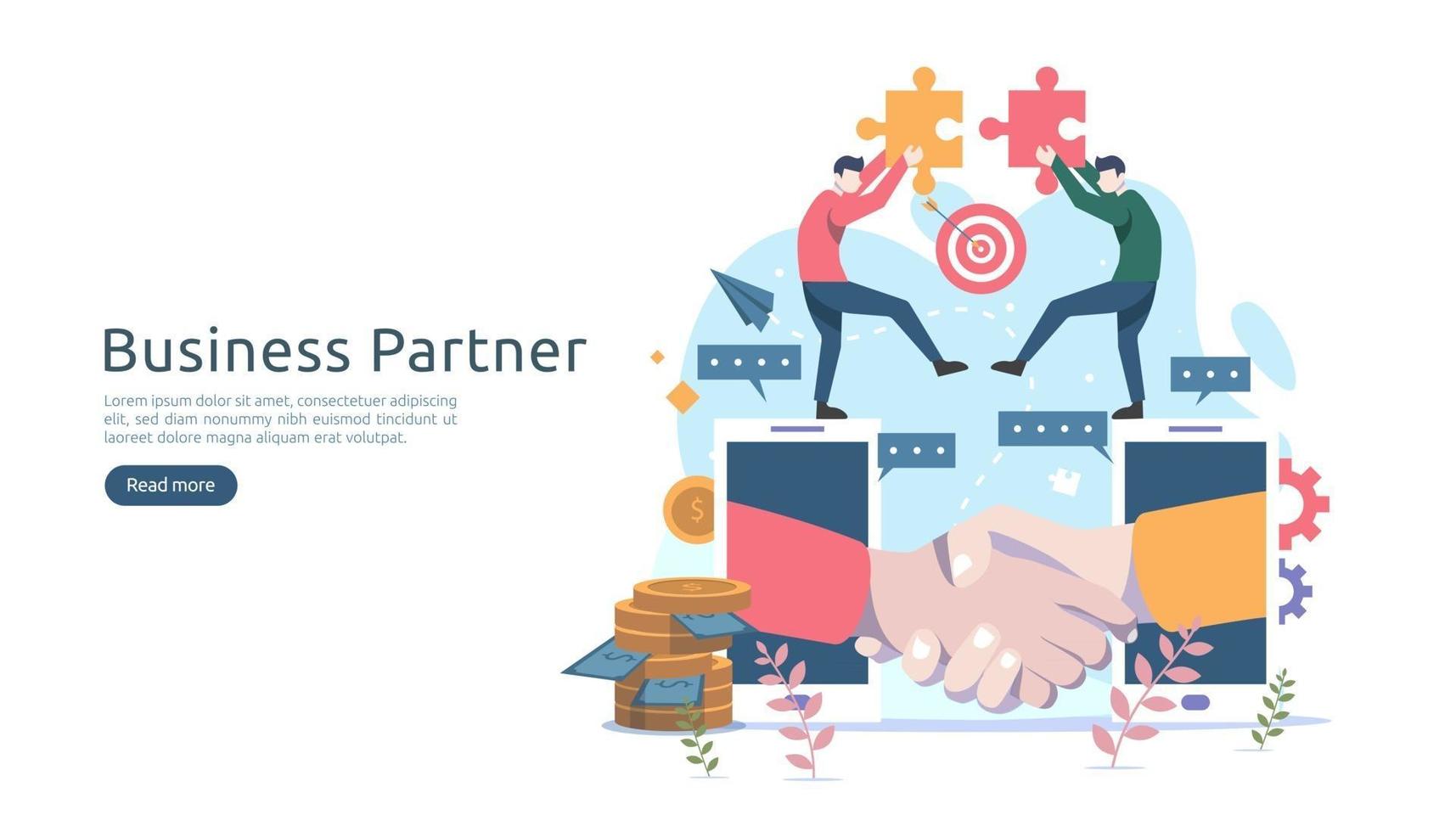 idea di concetto di relazione di partnership commerciale con carattere di persone minuscole. partner di lavoro di squadra insieme modello per landing page web, banner, presentazione, mockup, social media. illustrazione vettoriale