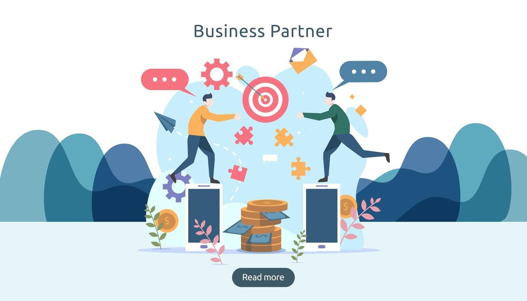 idea di concetto di relazione di partnership commerciale con carattere di persone minuscole. partner di lavoro di squadra insieme modello per landing page web, banner, presentazione, mockup, social media. illustrazione vettoriale