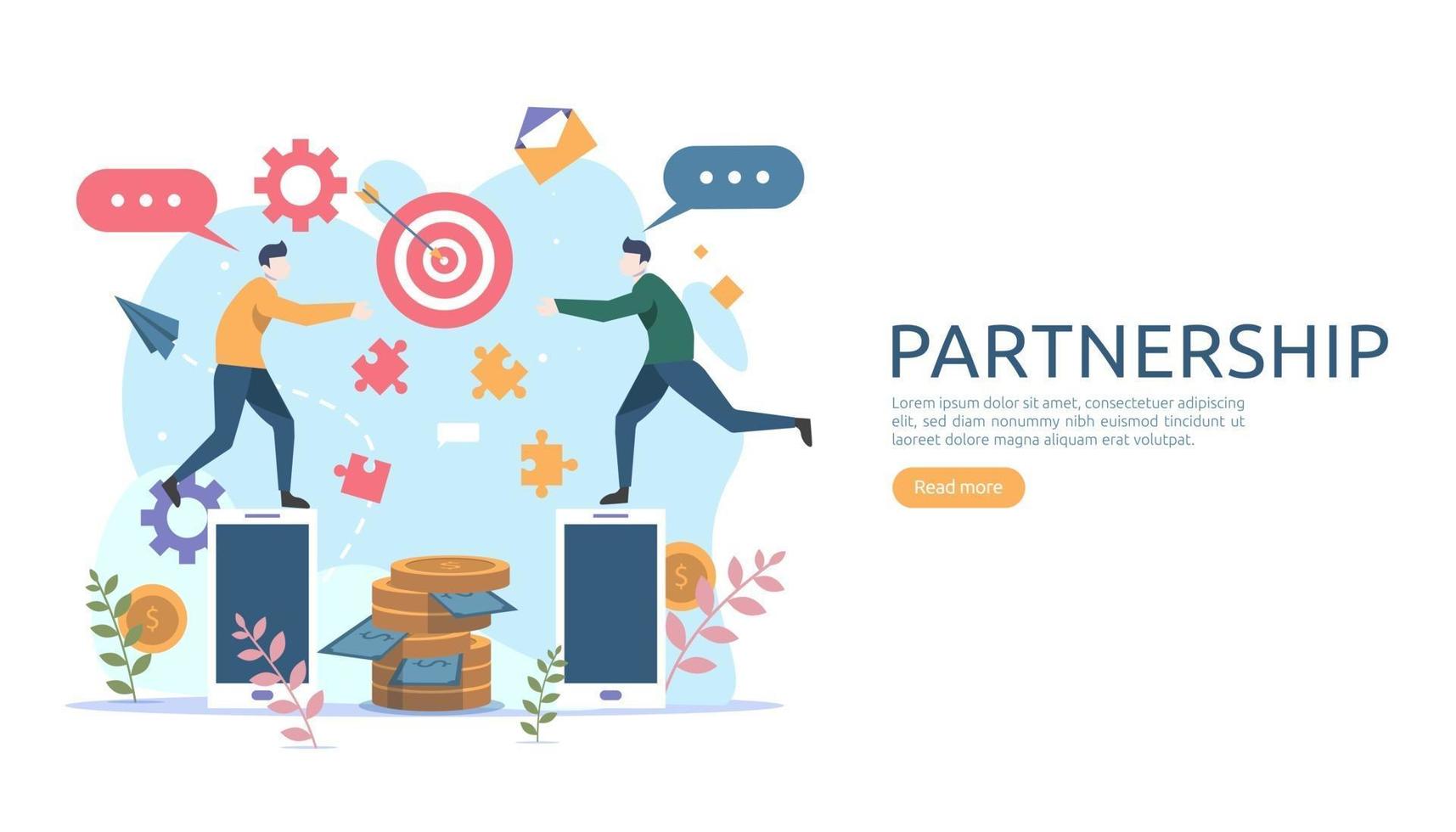 idea di concetto di relazione di partnership commerciale con carattere di persone minuscole. partner di lavoro di squadra insieme modello per landing page web, banner, presentazione, mockup, social media. illustrazione vettoriale