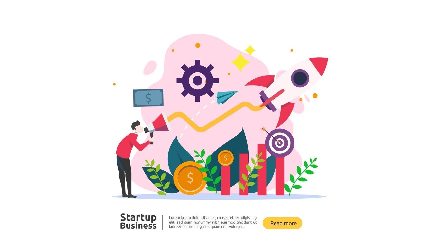 avviare il concetto di idea. progetto di business con il personaggio di piccole persone razzo. nuovo modello di lancio di prodotti o servizi per landing page web, banner, presentazioni, social, supporti di stampa. illustrazione vettoriale