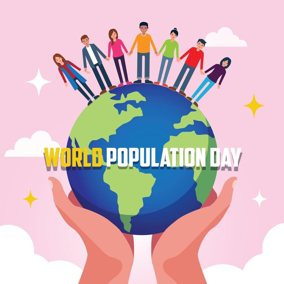 poster della giornata mondiale della popolazione con la terra che tiene per mano. vettore