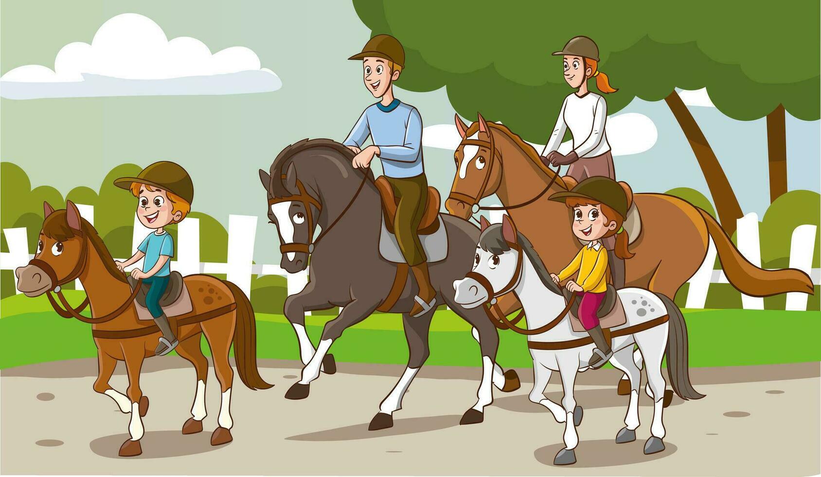 famiglia equitazione cavallo spalle, a piedi su parco. groppa cavalieri, genitori e bambino equitazione insieme. contento cavalieri, madre, padre e ragazzo a passeggiare nel natura. piatto vettore illustrazione