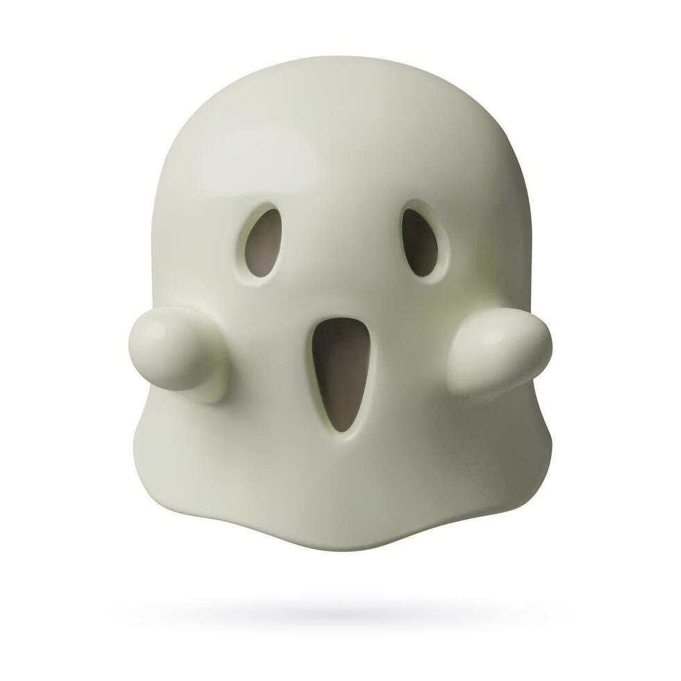 bianca fantasma cartone animato 3d icona con un' pauroso viso emozione. tradizionale Halloween notte carattere. tre dimensionale lucido plastica carino galleggiante spirito. vettore illustrazione su bianca sfondo.