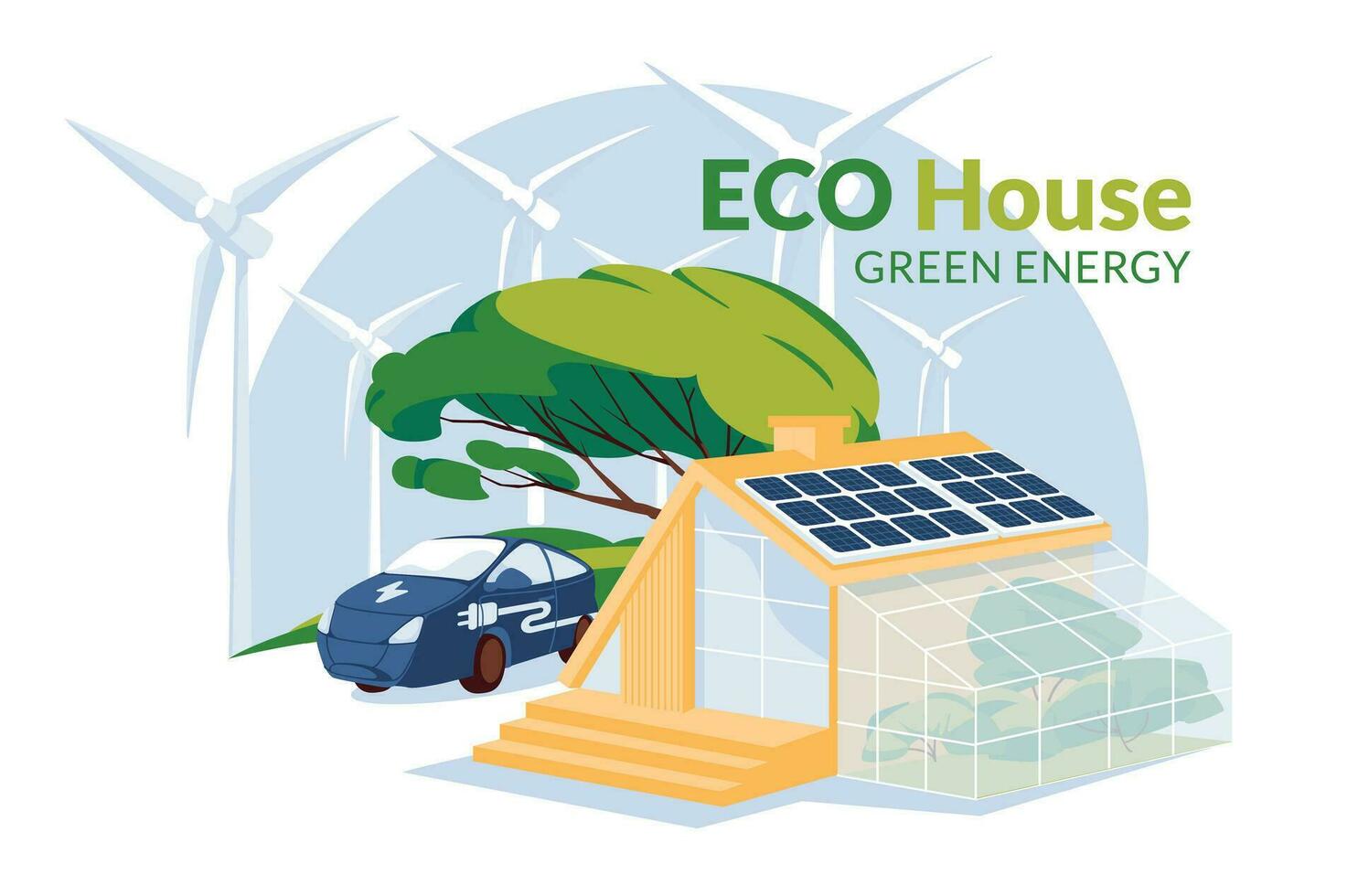 eco Casa con solare pannelli e elettrico auto verde energia concetto. ragnatela icona e infografica. riciclare e rinnovabile energia casa concetto. piatto vettore iluustration