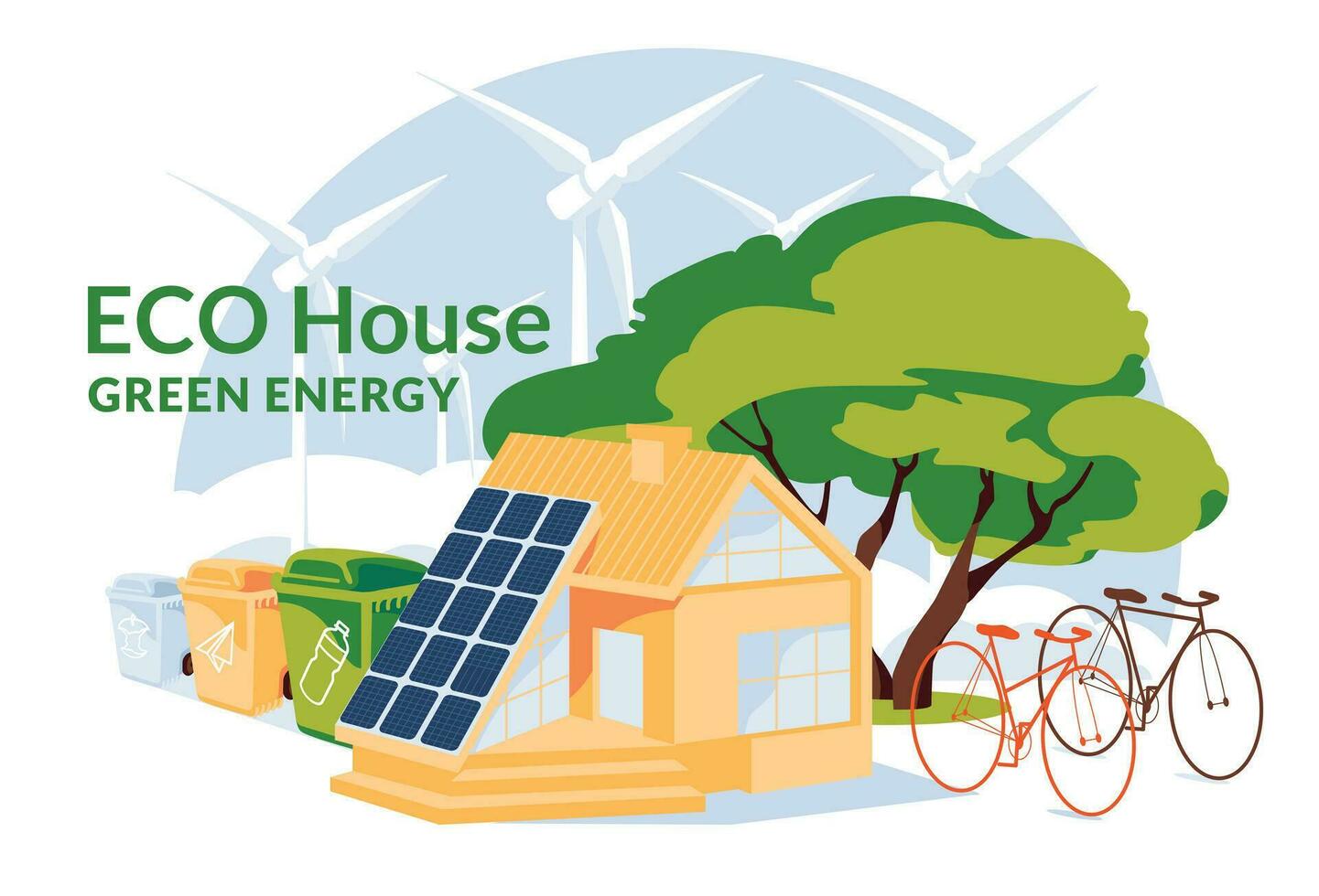 eco Casa con solare pannelli, biciclette e ordinamento spazzatura verde energia concetto. ragnatela icona e infografica. riciclare e rinnovabile energia casa concetto. piatto vettore iluustration