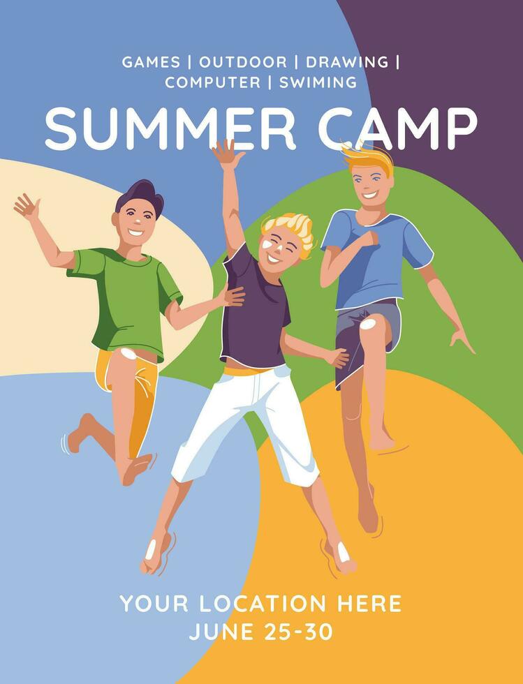 annuncio pubblicitario di un' figli di estate campo. tre ragazzi salto su il sfondo di un' colore forme. vettore piatto illustrazione.