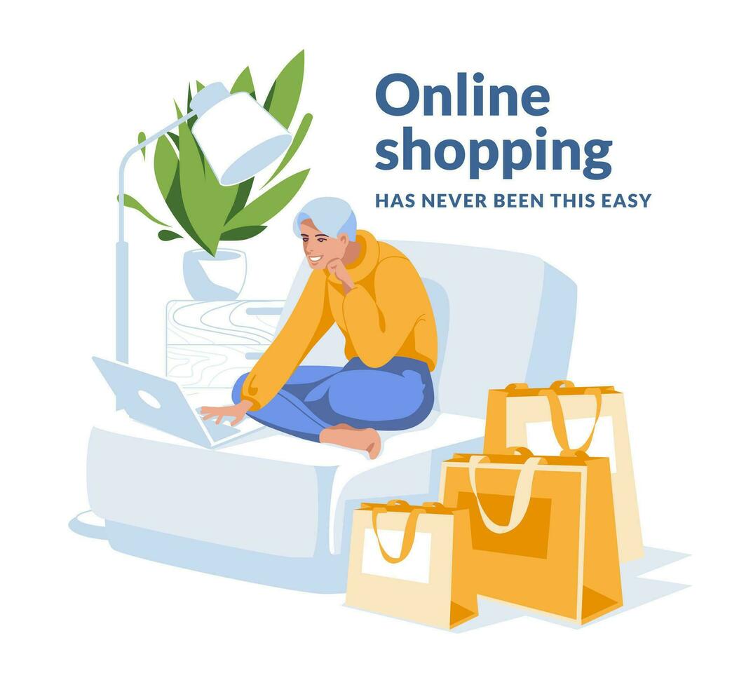 giovane donna shopping in linea a casa utilizzando il computer portatile. seduta tra carta shopping borse. e-commerce concetto idea. piatto vettore illustrazione