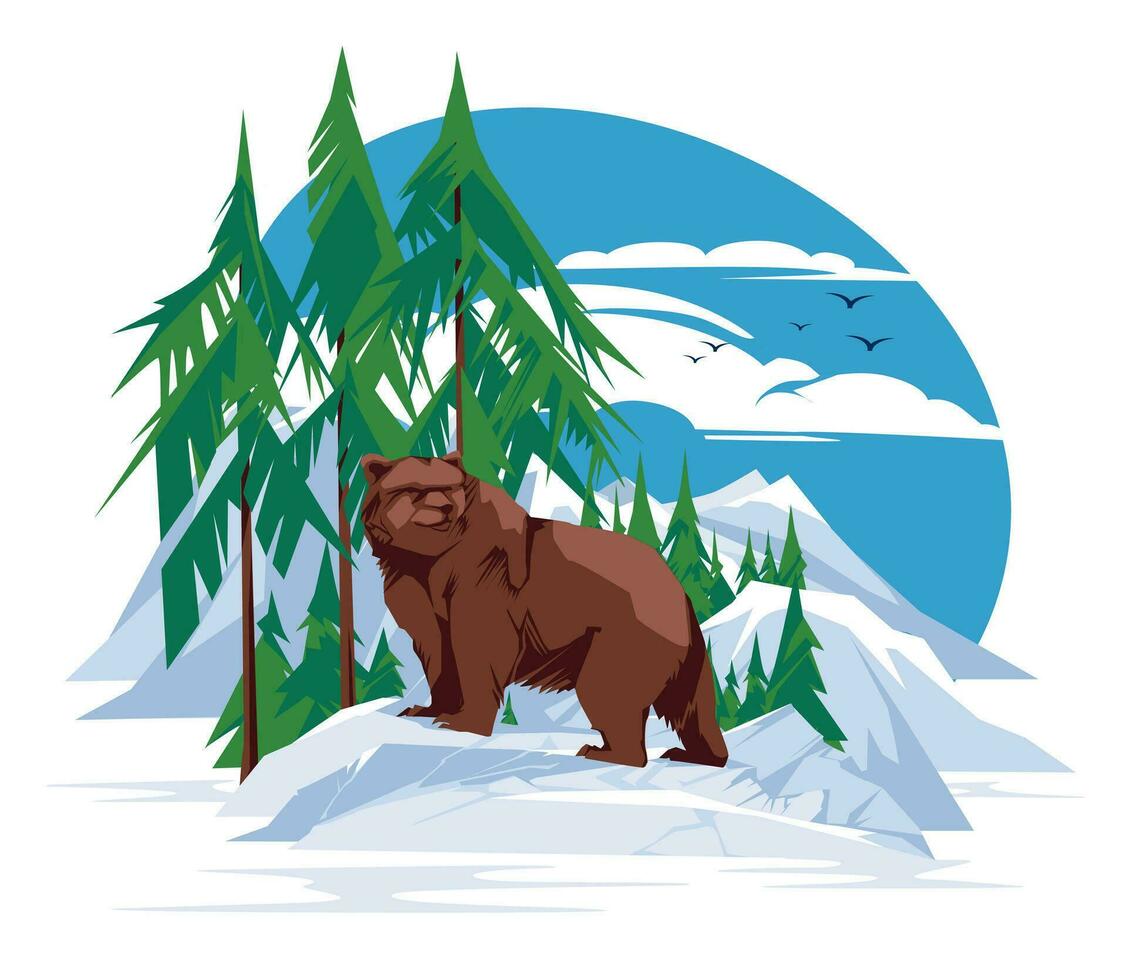 il orso sta solo su un' pietra. conifero foresta e montagne sfondo. alaska paesaggio. il selvaggio natura. vettore piatto illustrazione