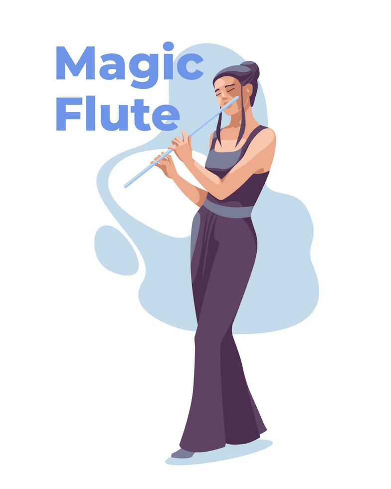 un' giovane attraente flautista indossare un sera vestito è giocando. isolato su bianca sfondo. classico musica e concerto. vettore piatto illustrazione