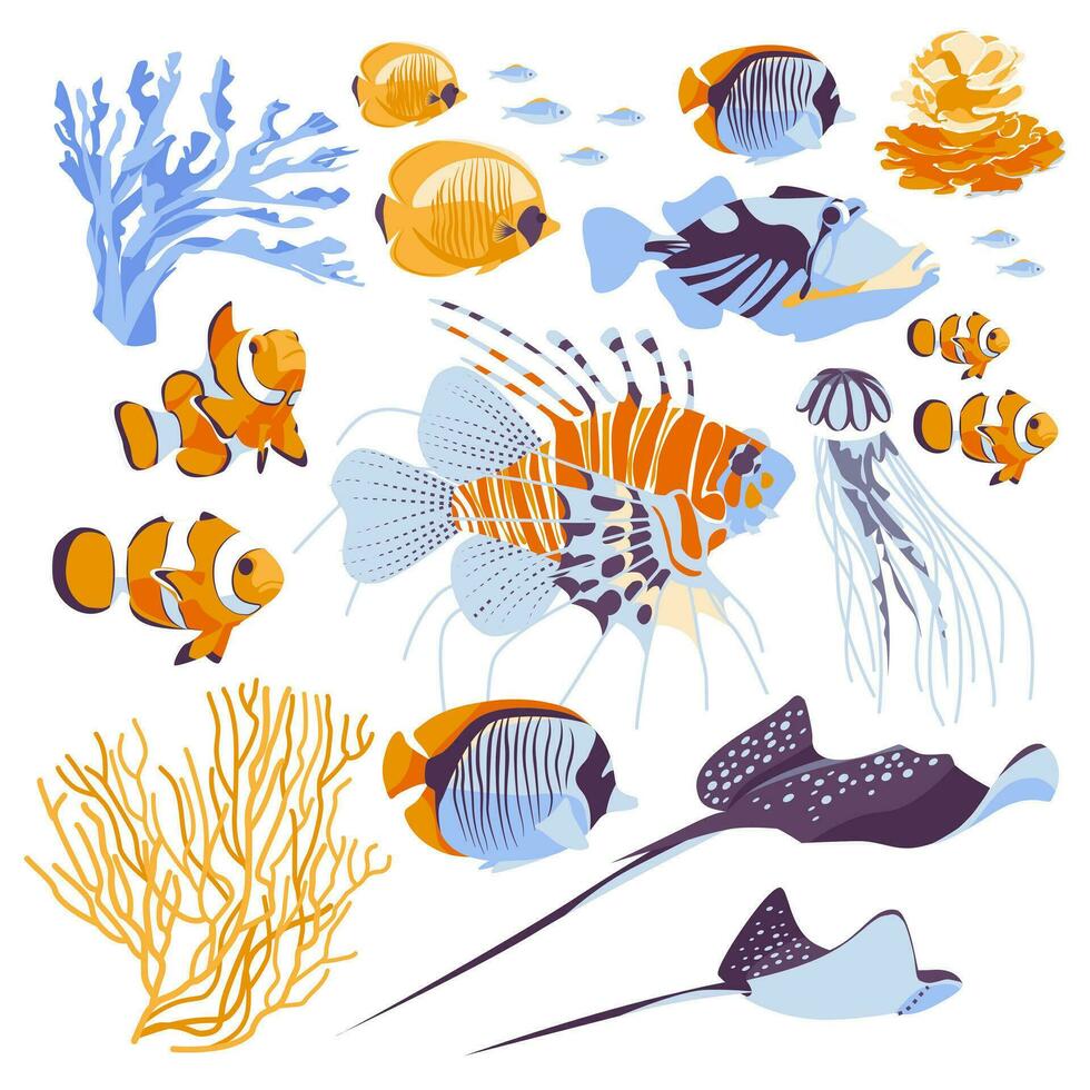 abitanti di il subacqueo marino mondo, elementi di flora e fauna. razze, clown pesce, pesce leone, corallo pesce, Medusa coralli. piatto vettore illustrazione.