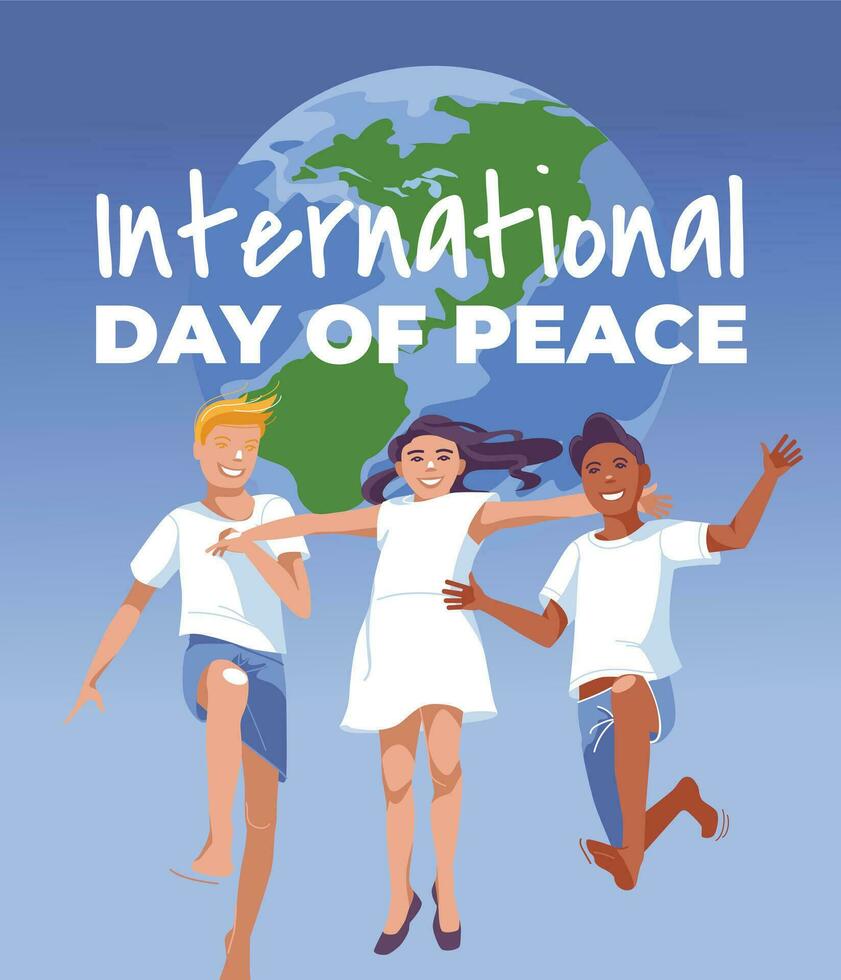 manifesto per pace giorno tre bambini nel bianca Abiti salto su il sfondo di un' grande globo. vettore piatto illustrazione
