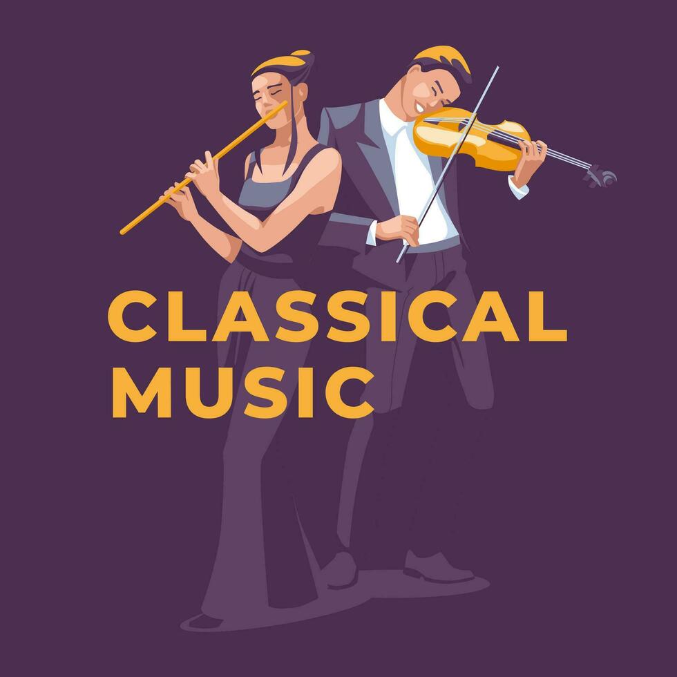 classico musica opuscolo. un' donna giochi il flauto e un' uomo giochi il violino. elegantemente vestito. isolato su viola sfondo. vettore piatto illustrazione