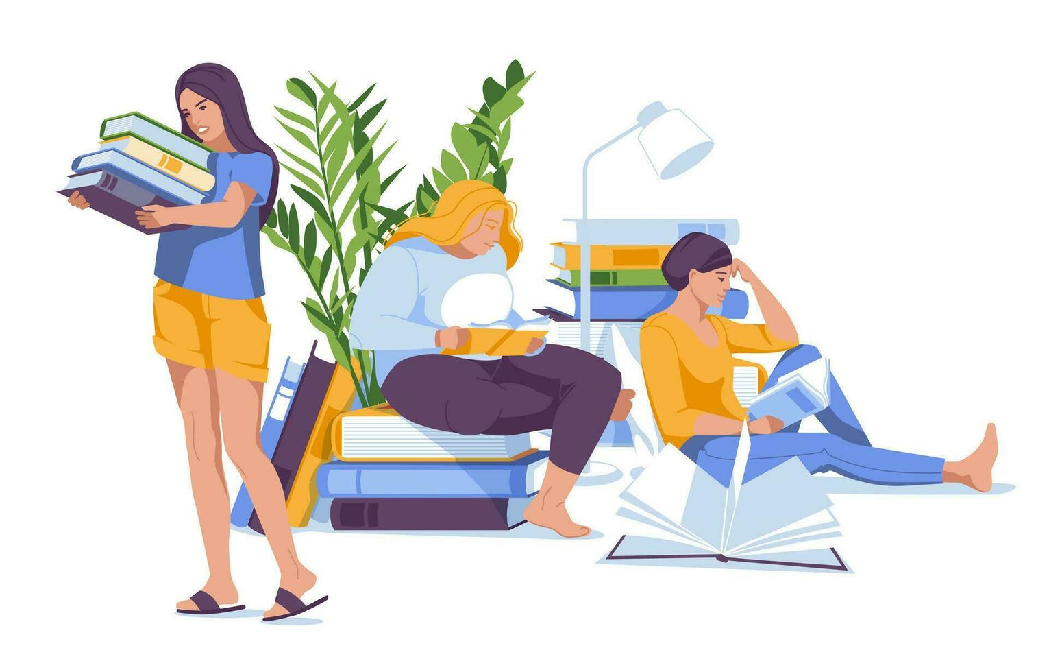 lettura club piatto vettore illustrazione. tre diverso donne lettura, Tenere e trasporto grande libri.