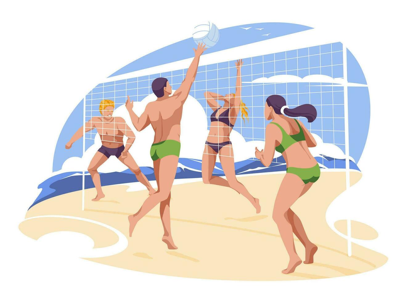 spiaggia pallavolo scena di il mare. uomini e donne personaggi piatto vettore illustrazione