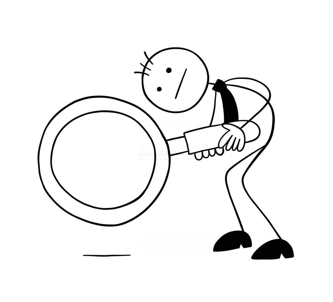 stickman, uomo affari, carattere, guardando giù, con, uno, lente ingrandimento, vettore, cartone animato, illustration vettore