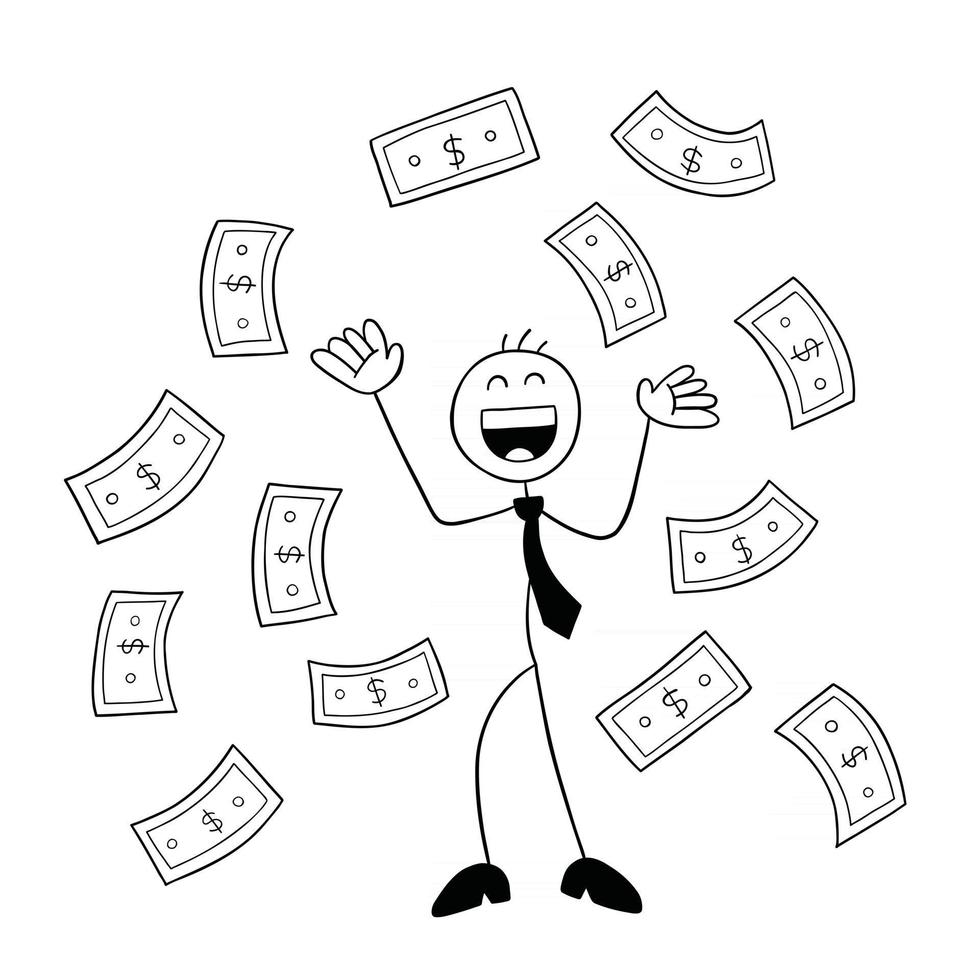 stickman, uomo affari, carattere, felice, e, soldi carta, galleggiante, in, aria, vettore, cartone animato, illustration vettore