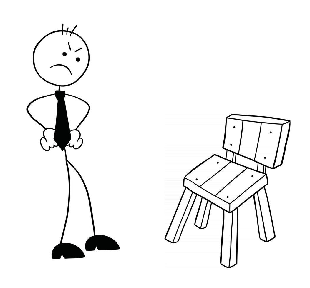il personaggio dell'uomo d'affari stickman si arrabbia quando vede l'illustrazione del fumetto di vettore della sedia di legno