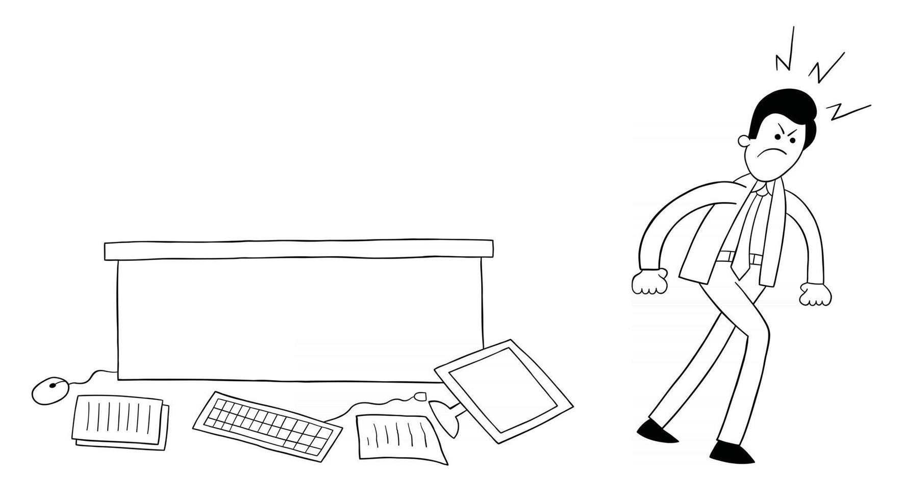 cartone animato uomo d'affari molto arrabbiato ha gettato il computer e i fogli sul tavolo sul pavimento illustrazione vettoriale