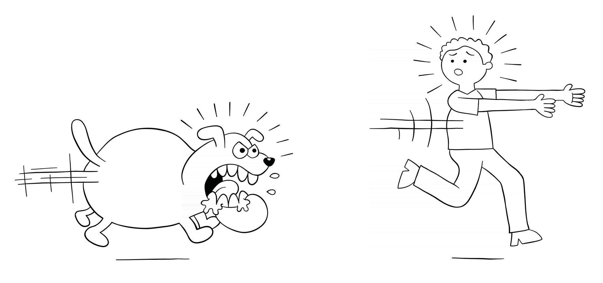 cartone animato cane arrabbiato insegue l'uomo e l'uomo scappa illustrazione vettoriale