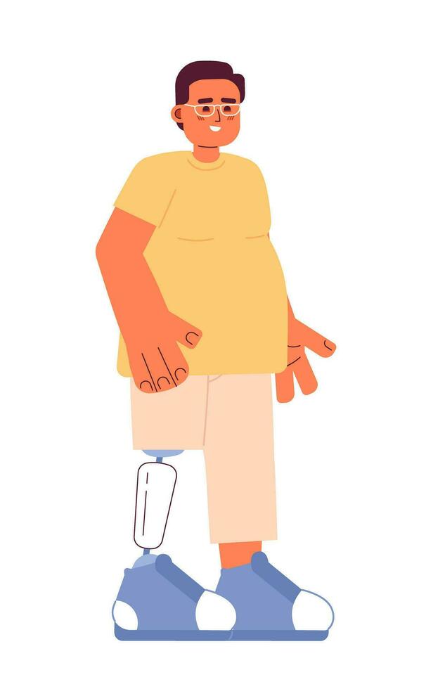 sovrappeso uomo con protesico gamba 2d cartone animato carattere. contento occhiali uomo con artificiale gamba isolato vettore persona bianca sfondo. Disabilitato adulto tipo in piedi colore piatto individuare illustrazione