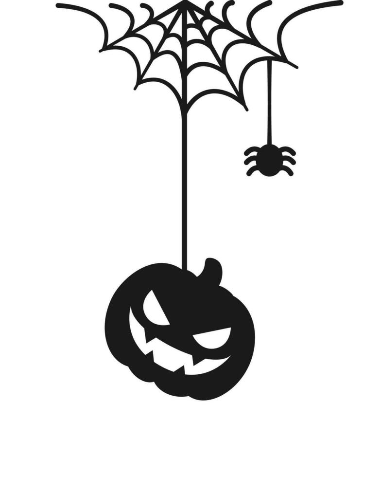 Jack o lanterna il male zucca sospeso su un' ragno ragnatela silhouette, contento Halloween spaventoso ornamenti decorazione vettore illustrazione