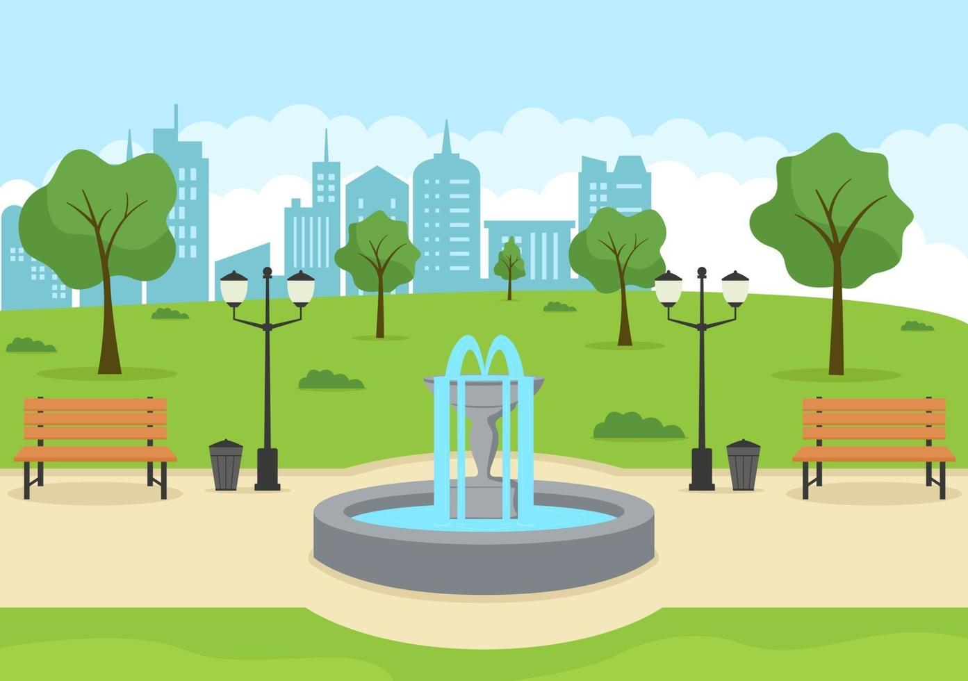 illustrazione del parco cittadino per persone che praticano sport, relax, gioco o ricreazione con albero verde e prato. scenario sfondo urbano vettore