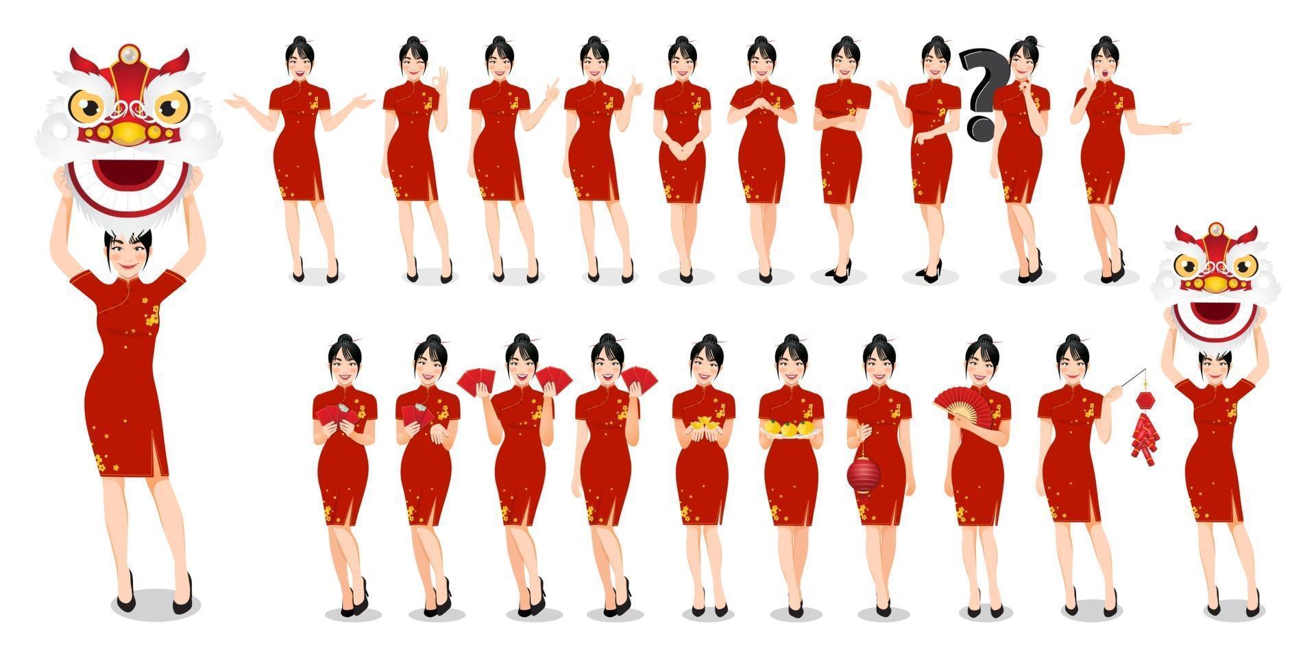 la donna cinese in vestiti di stile tradizionale ha messo i gesti differenti ha isolato l'illustrazione cinese di vettore di concetto del capodanno