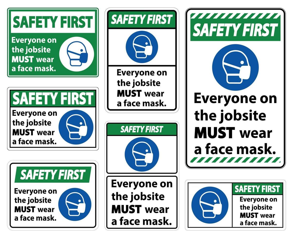 la sicurezza prima indossa un segno di maschera facciale isolare su sfondo bianco, illustrazione vettoriale eps.10