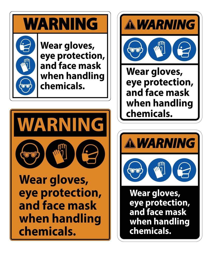 avvertimento indossare guanti, protezione per gli occhi e segno maschera facciale isolato su sfondo bianco, illustrazione vettoriale eps.10