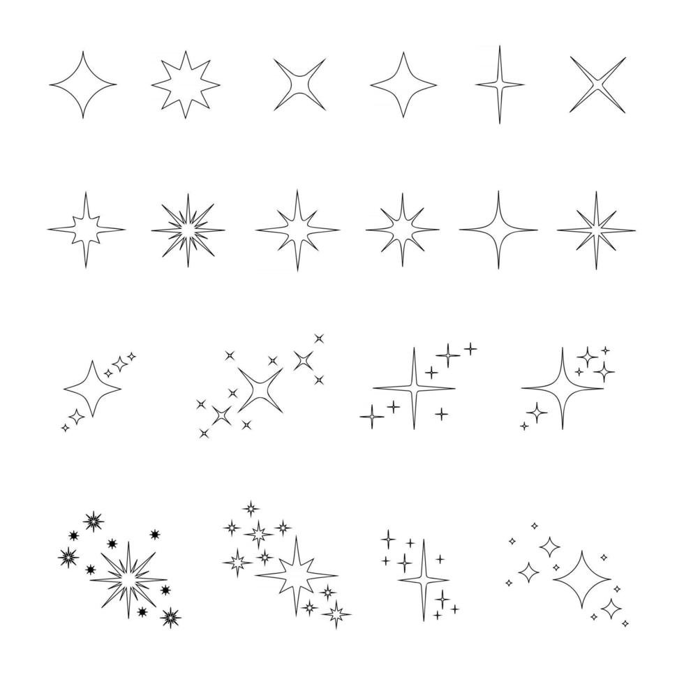 set di stelle di contorno brilla e icone di scintillii isolati su priorità bassa bianca. flash luminoso, bagliore brillante, raccolta di simboli di fuochi d'artificio. particelle di luce stellare vettore