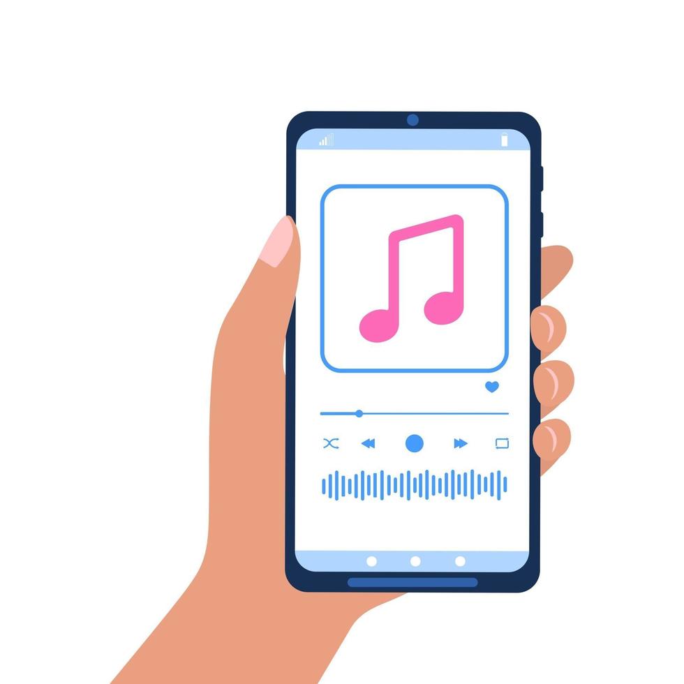 mano che tiene smartphone con interfaccia lettore audio sullo schermo. app mobile playlist. ascolto di podcast, musica o concetto di radio online vettore