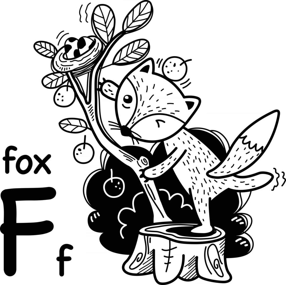 disegnato a mano.alfabeto lettera f-fox illustrazione, vettore