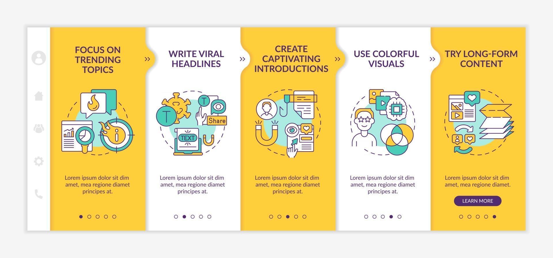 suggerimenti per la creazione di contenuti interessanti per l'onboarding del modello vettoriale. sito mobile reattivo con icone. procedura dettagliata della pagina web 5 schermate di passaggio. scrivi il concetto di colore dei titoli virali con illustrazioni lineari vettore