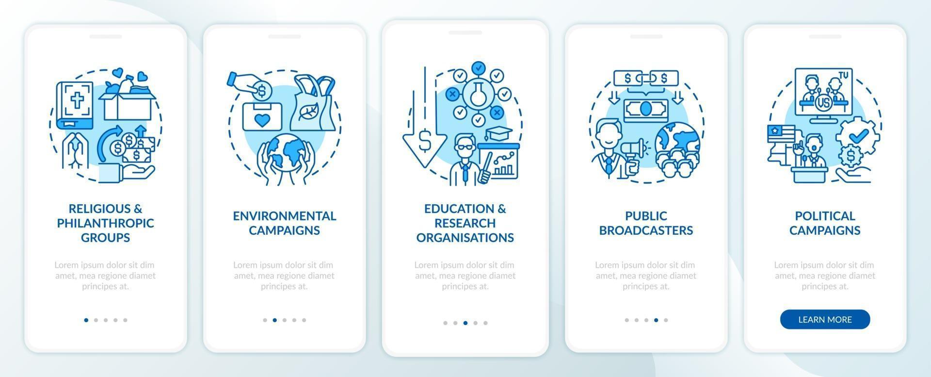 tipi di eventi di beneficenza nella schermata della pagina dell'app mobile onboarding. gruppi religiosi procedura dettagliata 5 passaggi istruzioni grafiche con concetti. ui, ux, gui modello vettoriale con illustrazioni a colori lineari