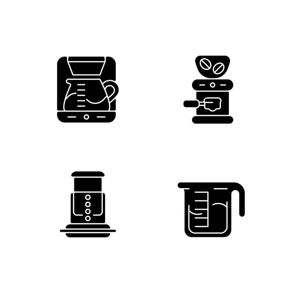 Icone del glifo nero della macchina della caffetteria messe su spazio bianco. macina fagioli, mulino commerciale per la lavorazione. macchina professionale a goccia. preparazione dell'espresso. simboli di sagoma. illustrazione vettoriale isolato