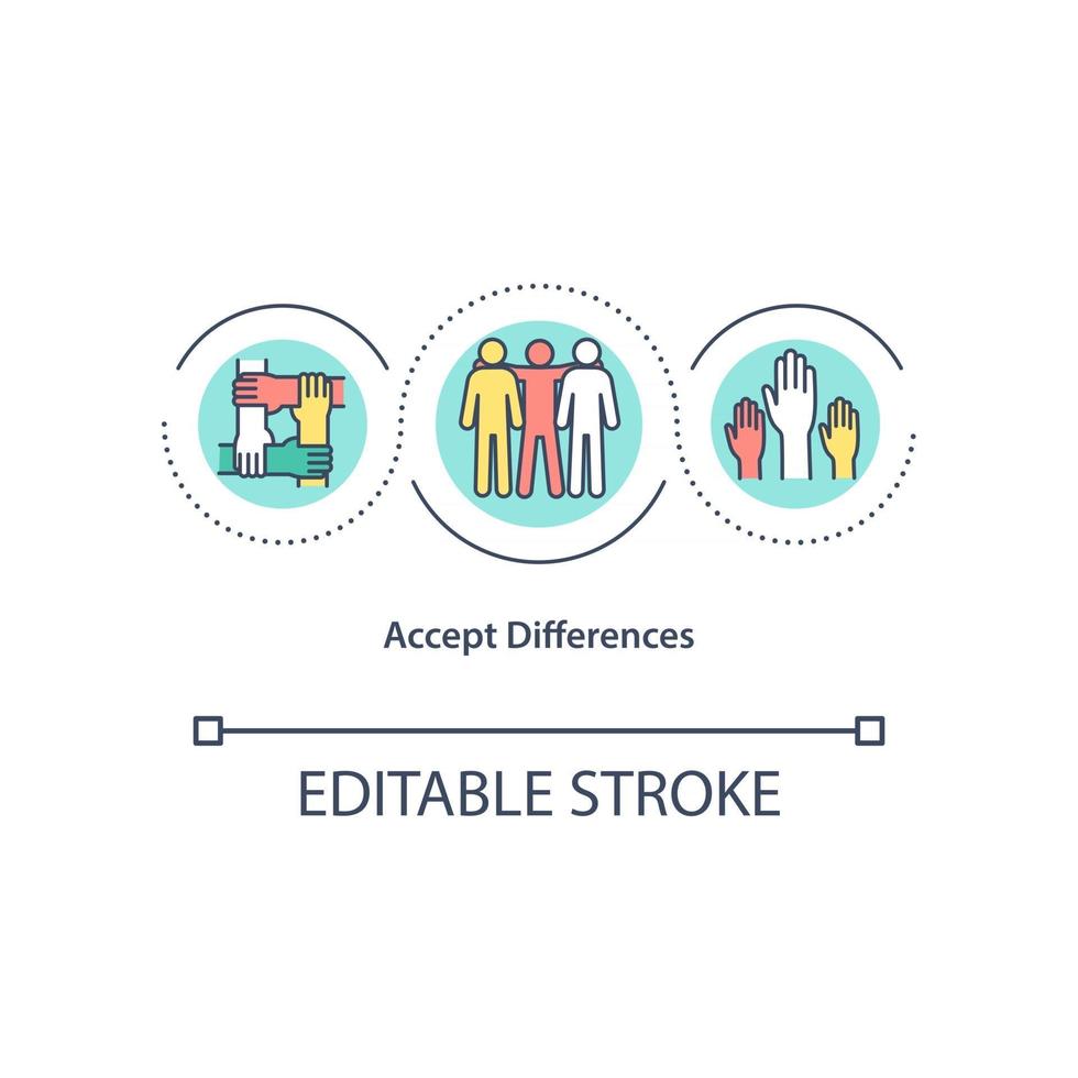 accettare l'icona del concetto di differenze. sostenere le persone con un altro colore della pelle. illustrazione al tratto sottile idea astratta della società unica. disegno a colori contorno vettoriale isolato. tratto modificabile