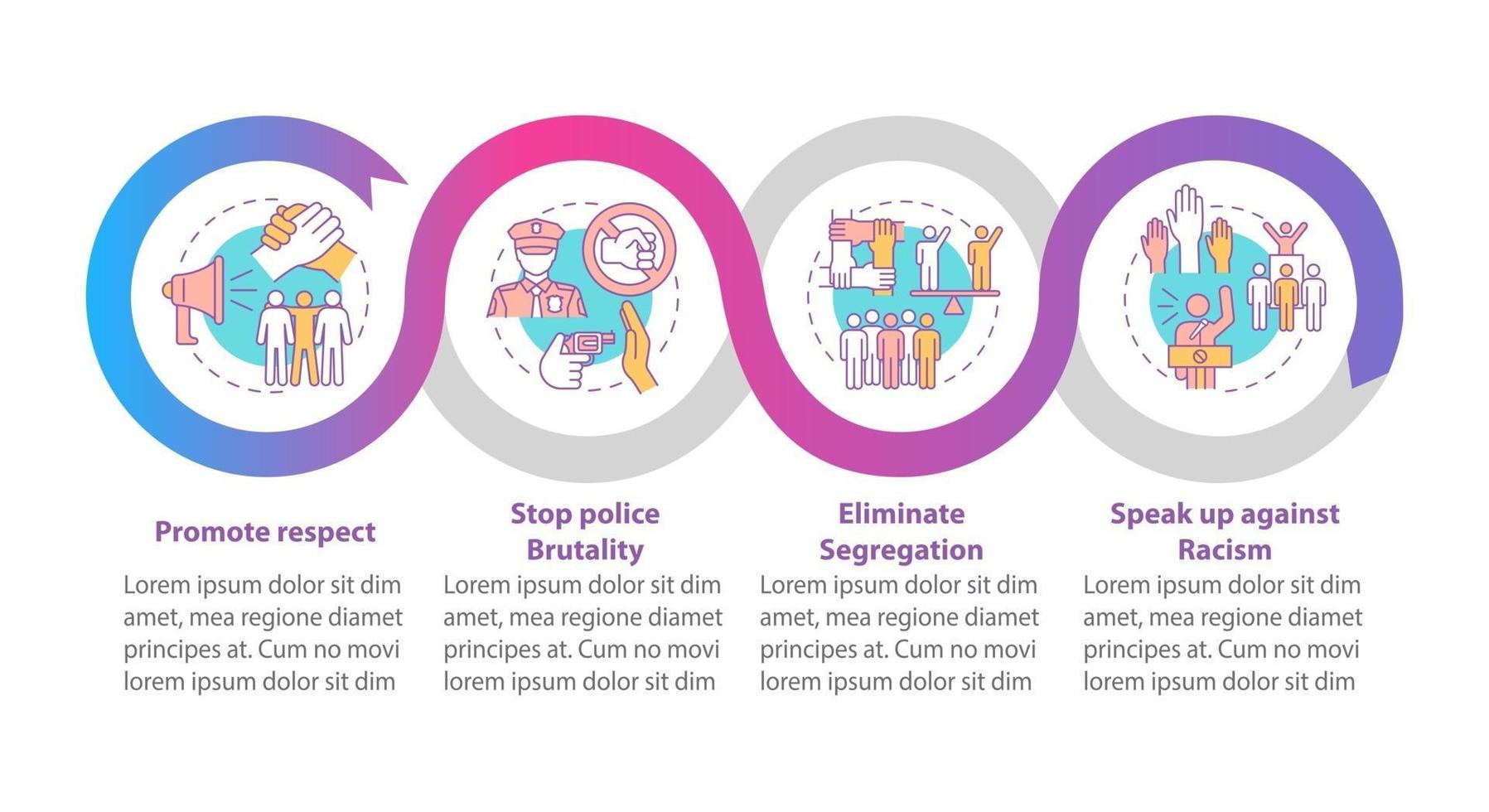 affrontare il modello di infografica vettoriale di razzismo. fermare gli elementi di design del contorno della presentazione della segregazione. visualizzazione dei dati con 4 passaggi. grafico delle informazioni sulla sequenza temporale del processo. layout del flusso di lavoro con icone di linea