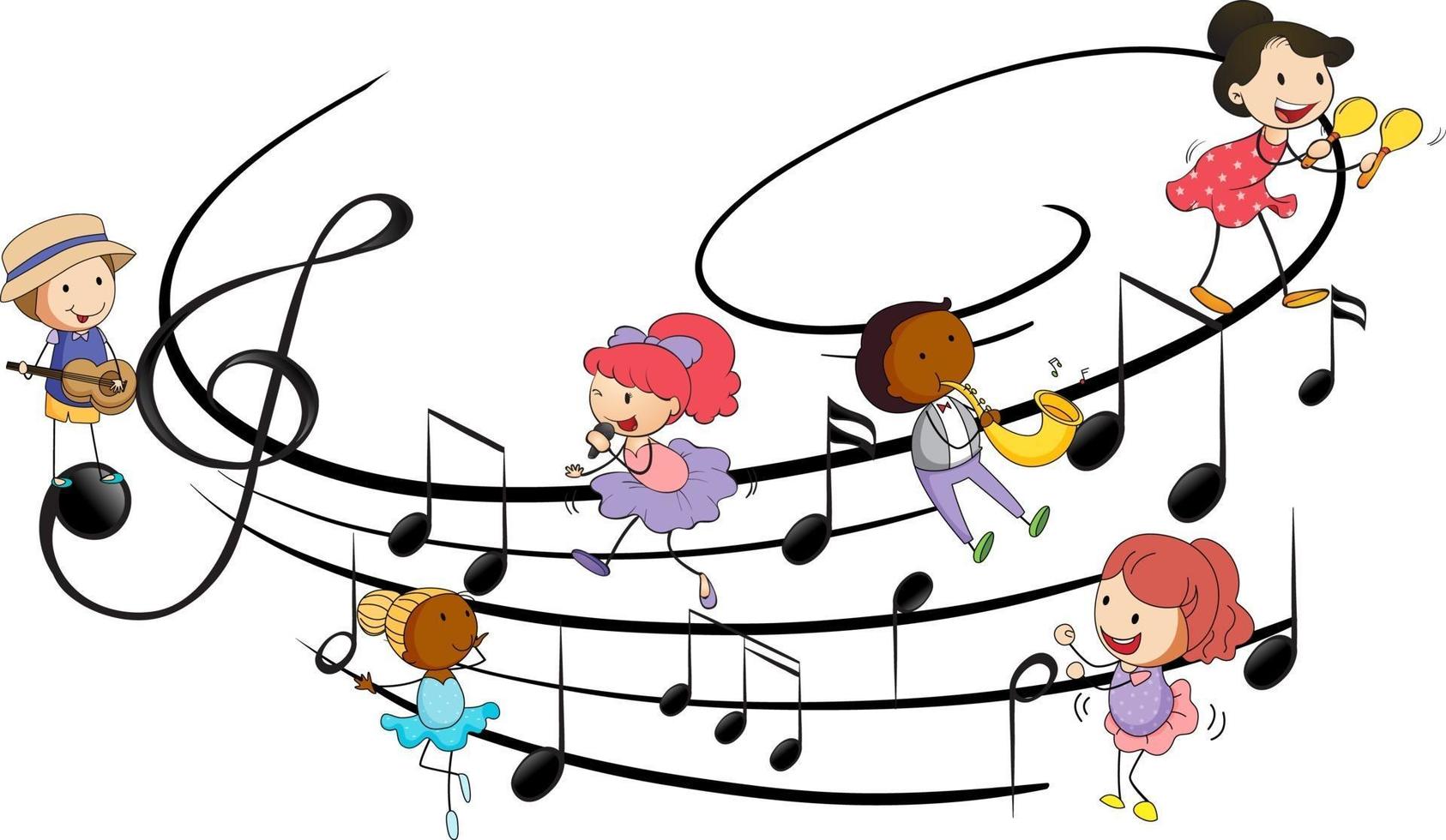 simboli di melodia musicale con molti personaggi dei cartoni animati per bambini scarabocchiati vettore