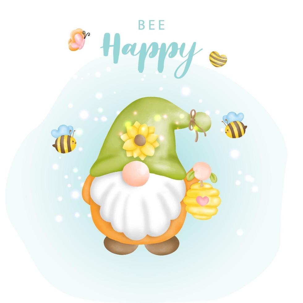 ape felice con simpatici gnomi e api, illustrazione vettoriale di vernice digitale.