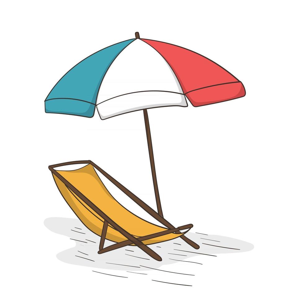 lettini disegnati a mano e un ombrellone su una spiaggia deserta vettore