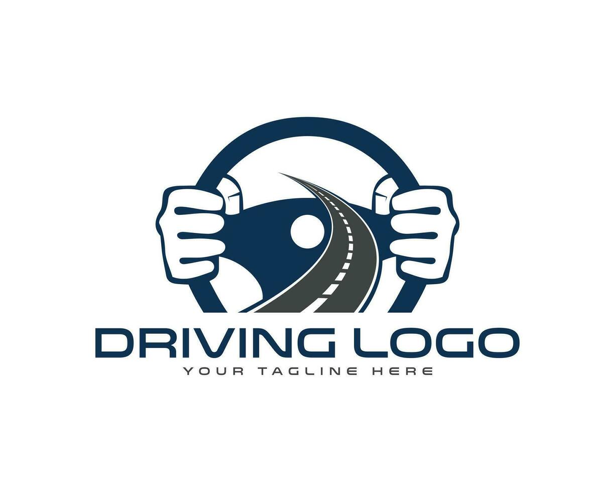 auto guida, timone ruota e strada logo design vettore modello.