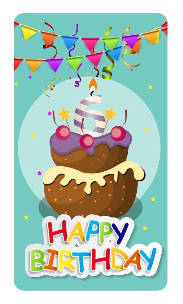carta di buon compleanno baner sfondo con torta e bandiere. illustrazione vettoriale