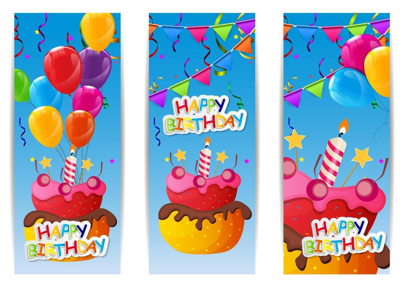 Palloncini di buon compleanno lucidi a colori e sfondo banner torta illustrazione vettoriale