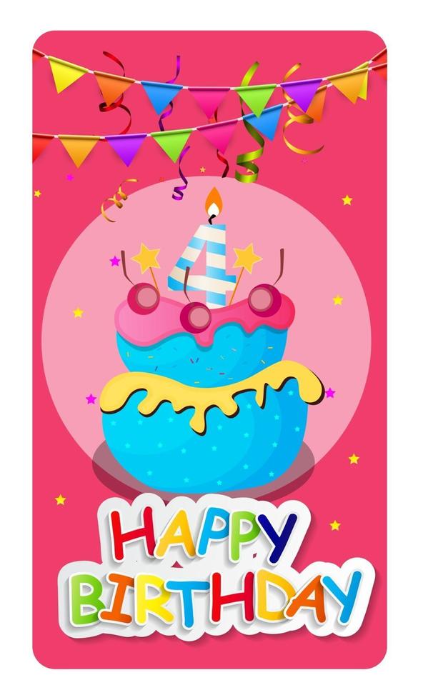carta di buon compleanno baner sfondo con torta e bandiere. illustrazione vettoriale