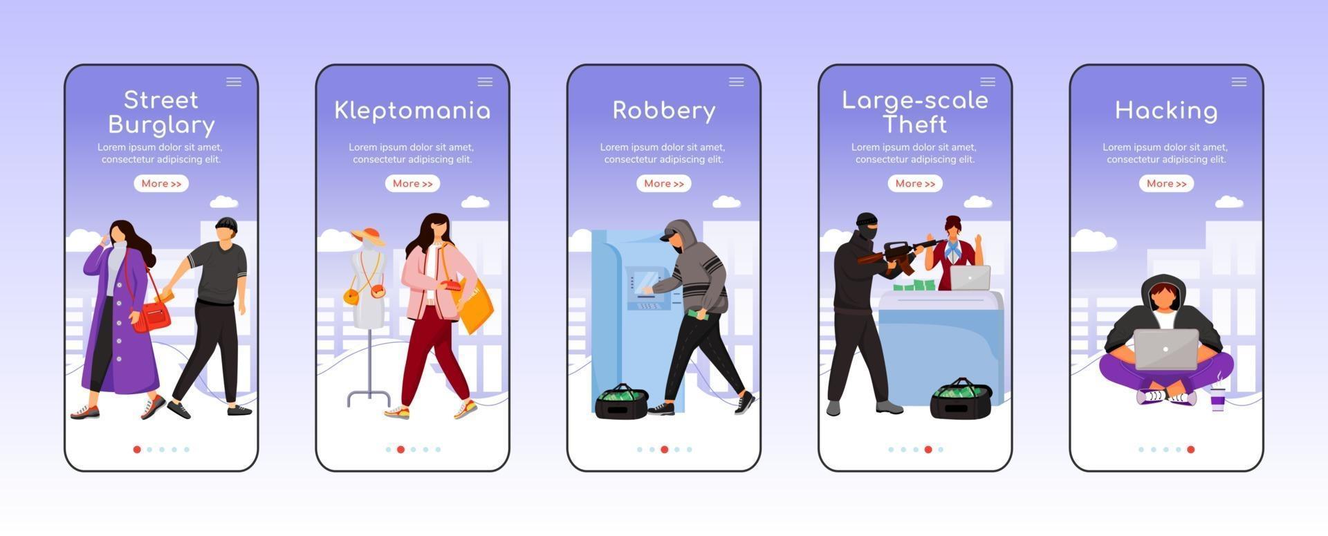 atti criminali a bordo del modello di vettore piatto schermo app mobile. proprietà, furto di denaro. rapina. procedura dettagliata passaggi del sito Web con caratteri. ux, ui, gui interfaccia cartone animato per smartphone, set di stampe per custodie