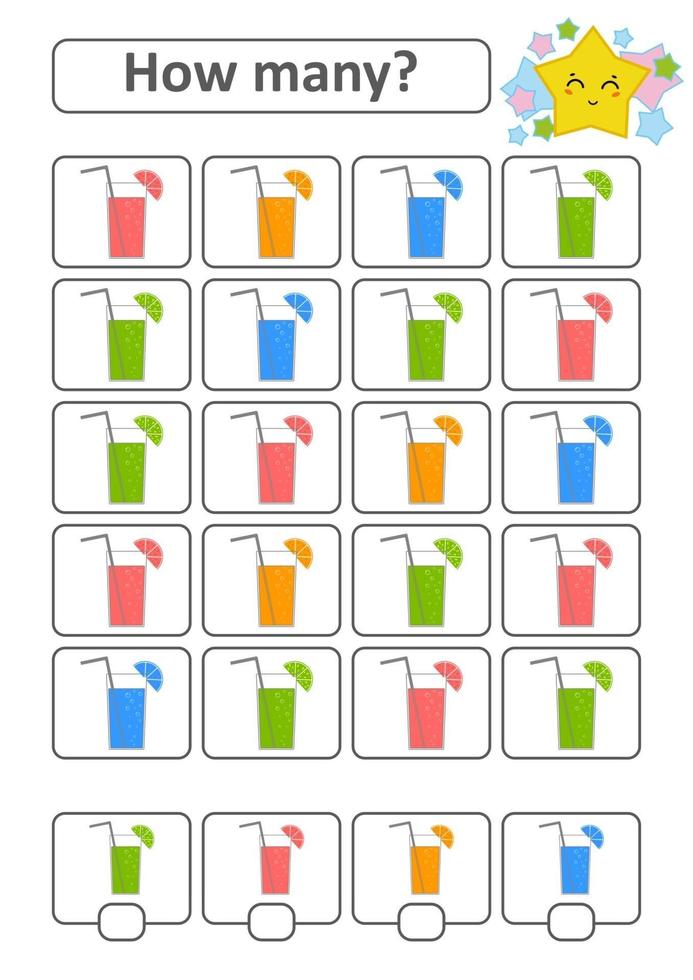 gioco di conteggio per bambini in età prescolare per lo sviluppo delle abilità matematiche. quante bevande di diversi colori. con un posto per le risposte. semplice illustrazione vettoriale piatto isolato.