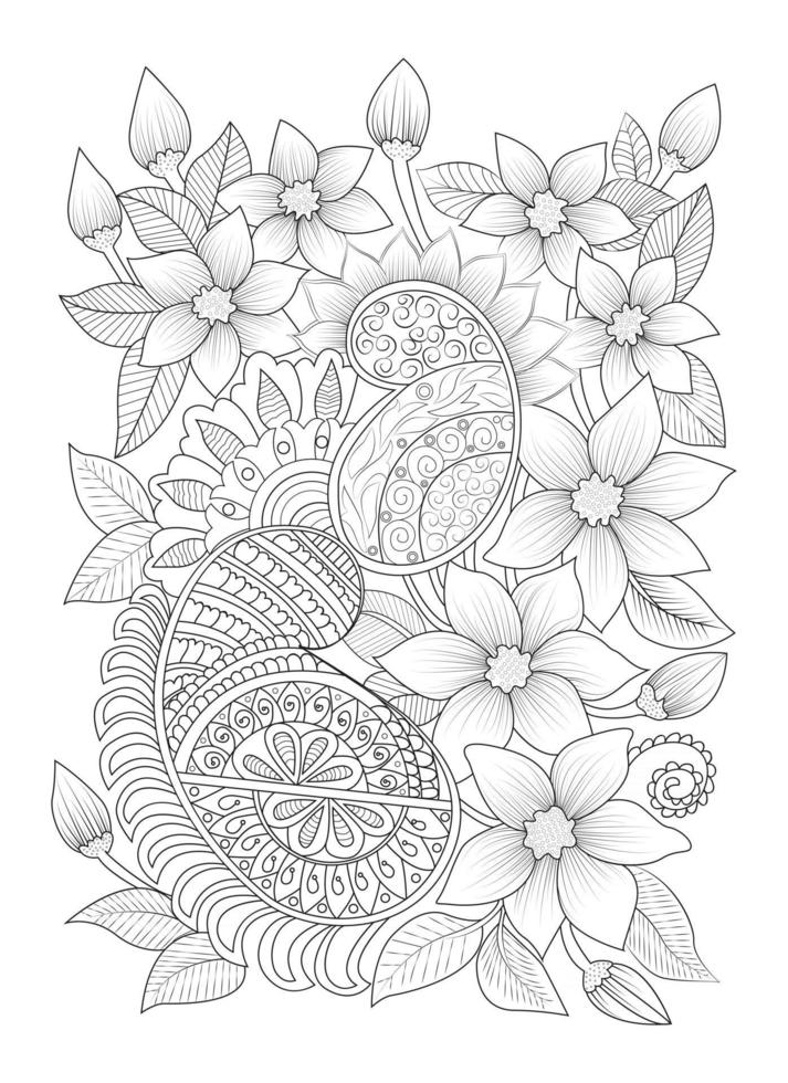 pagina da colorare di fiori disegnati a mano. tatuaggio floreale di vettore dell'illustrazione della linea del fiore