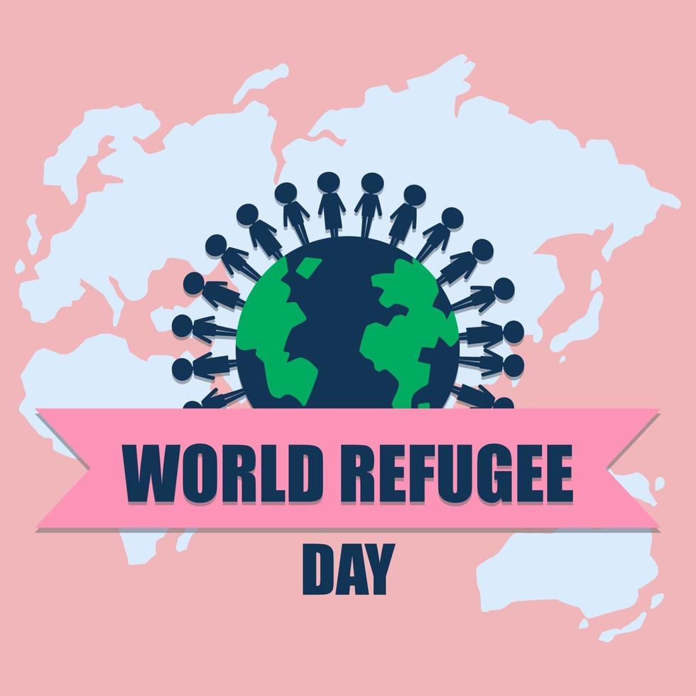 banner della giornata mondiale del rifugiato con persone in tutto il mondo sullo sfondo della mappa del mondo vettore